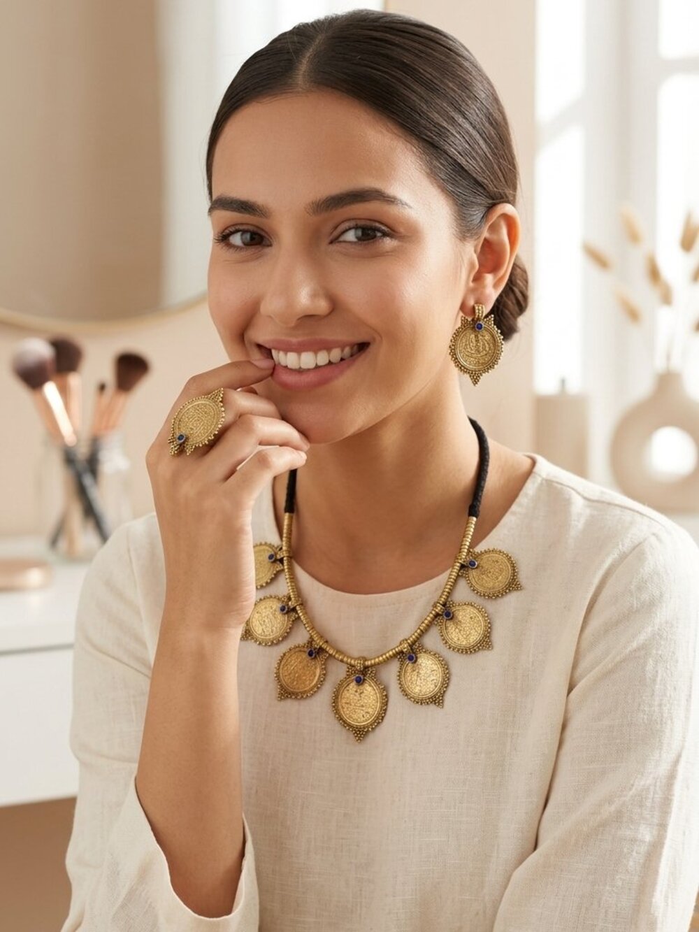 Antique gold tone coin set-Handmade set-Vintage set-Necklace with earrings rings
